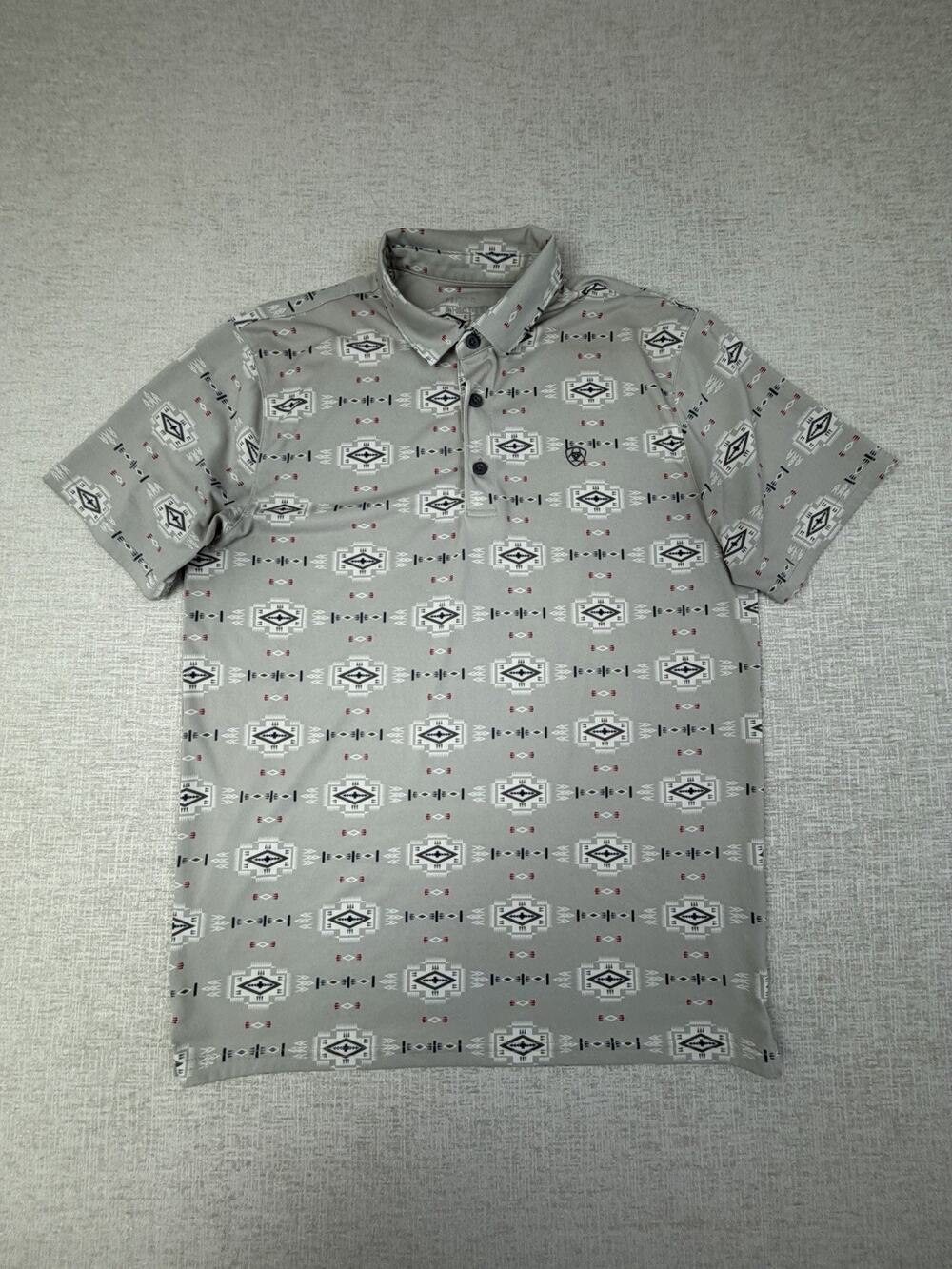 Ariat TEK Fitted Polo Shirt Mens M Gray Aztec Southwestern Print Golf Western